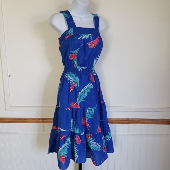 Sand Pebble of Hawaii Womens Sundress Small Blue Anthurium Print 70s USA - Picture 2 of 12